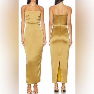 NEW SAU LEE Taylor Knot Detail Satin Column Golden Olive Gown Sz 4